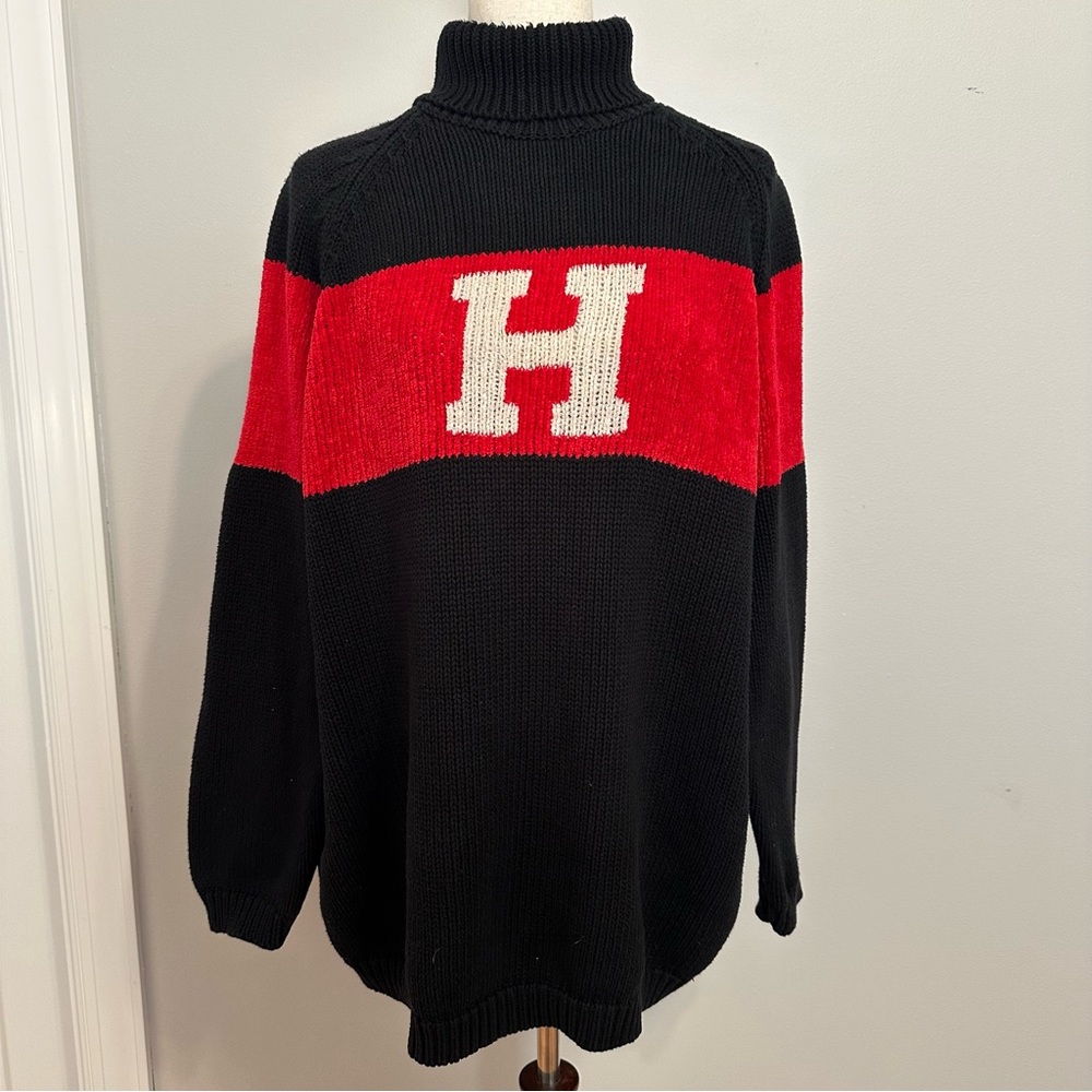 Y2K Tommy Hilfigure Black and Red “H” Logo Turtleneck 100% Cotton Size XL
